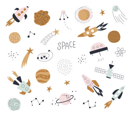 Set with comets, rockets, planets and stars. vector illustrationsのイラスト素材