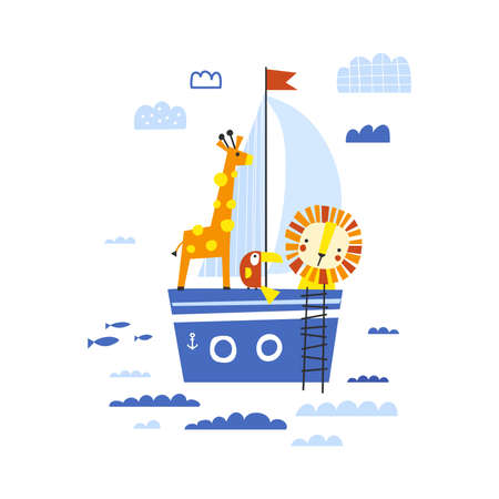 Animals on the ship. vector illustrationsのイラスト素材