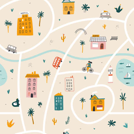 Seamless pattern cute city map with houses and car. city design. kids print. vector illustrationsのイラスト素材