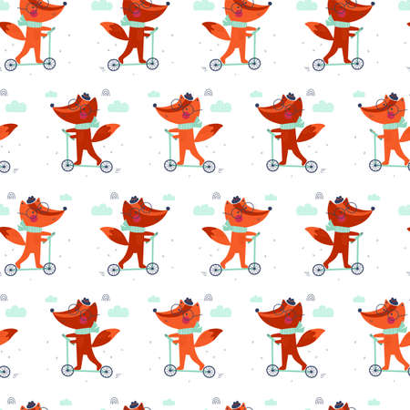 Seamless pattern with cute fox on a scooter. kids print. vector illustrationsのイラスト素材