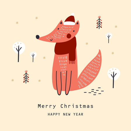 Christmas card with cute fox. vector illustrationのイラスト素材