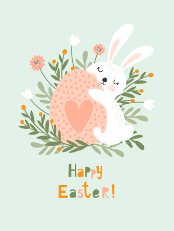 Happy easter card with cute rabbit. vector illustrationsのイラスト素材