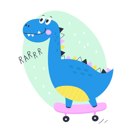 Cute cartoon dino rides on skateboard. kids print. vector illustrationのイラスト素材