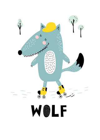 Card with a cute wolf. kids print. vector illustrationのイラスト素材
