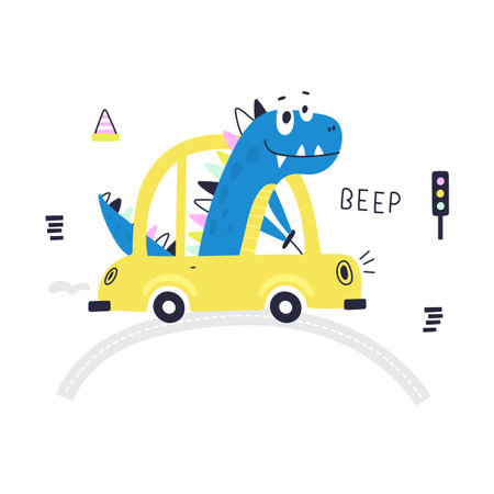 Cute dino is driving a car. kids print. Can be used for shirt design, greeting card. vector illustrationのイラスト素材