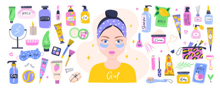 Set of design elements on self care. Girl and cosmetic products. vector illustrationsのイラスト素材