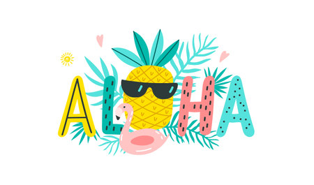 Aloha text with exotic leaves. Can be used for poster, greeting card, bags, t-shirt. vector illustrationのイラスト素材