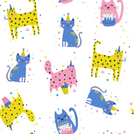 Birthday seamless pattern with cats, Vector illustrationのイラスト素材