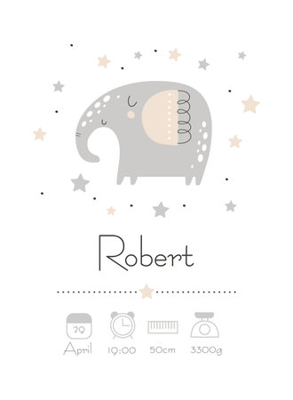 newborn metric. Poster, height, weight, date of birth. Elephant. vector illustrationのイラスト素材