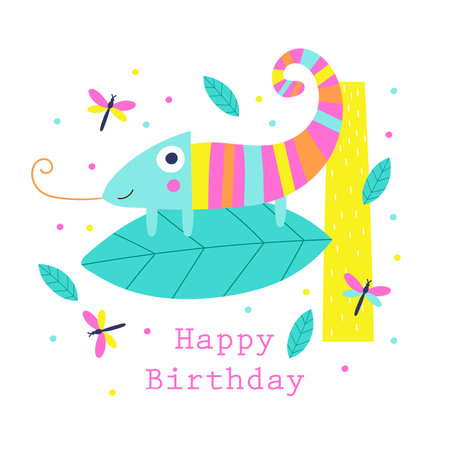 Happy birthday card with a cute chameleon. vector illustrationのイラスト素材