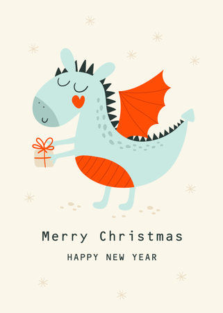 Happy New Year card with cute dragon. vector illustrationsのイラスト素材