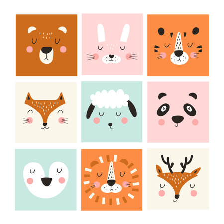 Cute animal face poster set. Hand drawn nursery character card for graphic, print, card or poster. vector illustrationのイラスト素材
