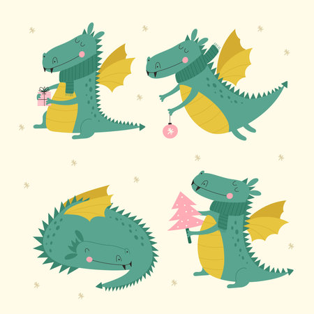 Set with cute green dragon. vector illustrationsのイラスト素材