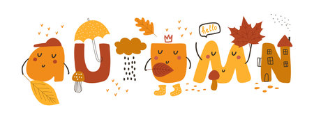 Hello autumn poster with beautiful leaves. Hand draw vector illustration.のイラスト素材