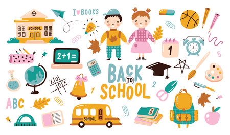 back to school. Various tools for education. Hand drawn big vector set. Colored trendy illustration.のイラスト素材