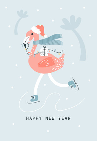 Happy New Year Flamingo greeting card. vector hand drawn illustrationのイラスト素材