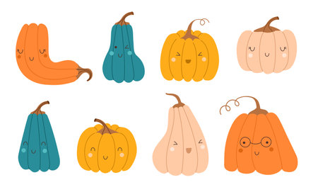 Cartoon cute pumpkin set. Autumn thanksgiving and halloween pumpkins collection. vector illustrationsのイラスト素材