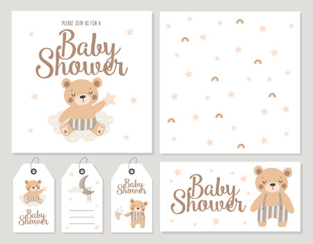 Baby invitation shower birthday greeting cards set with cute bear, vector illustrationのイラスト素材