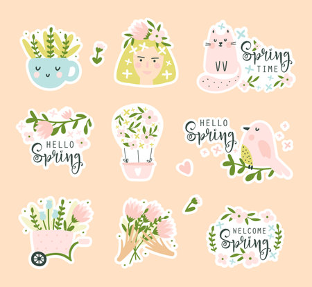Spring stickers set. Vector illustrationsのイラスト素材