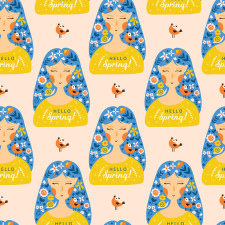 Spring seamless pattern with flowers and woman. Vector illustrationsのイラスト素材