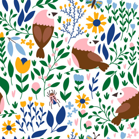 Spring seamless pattern with birds.のイラスト素材