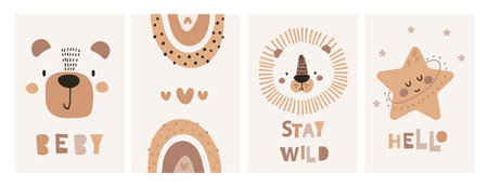 Cute cartoon nursery poster. Print for wall decor in children's bedroom. Cute animals - bear, lion. Vector illustrationsのイラスト素材