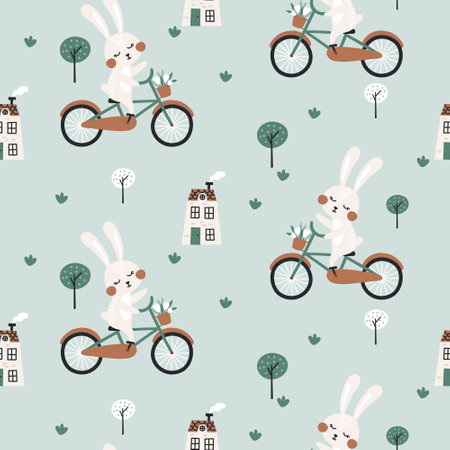 Seamless pattern with cute rabbit on bicycle. Vector illustrationsのイラスト素材