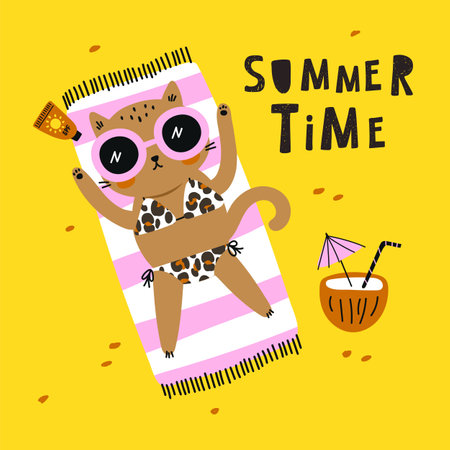 Summer time card with cute cat on yellow backgrounds. Vector illustrationsのイラスト素材