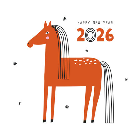 Happy New Year card 2026 with red horse. Vector illustrationsのイラスト素材