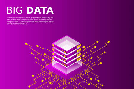 Concept of big data processing energy station of future server room rack data center isometric vector illustrationのイラスト素材