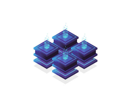 Server room isometric, Cloud storage data, Data center, Big data processing and computing...