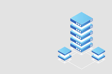 Transfer of user data to the server. Data flow. Data storage. Server. Digital space. Data center. Big Data. Conceptual illustration. Isometric vector illustration.のイラスト素材