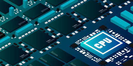 Artificial intelligence micro chip illustration. Quantum computing. PC mainboard illustration...