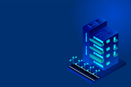 Smart city or intelligent building isometric vector concept. Modern smart city urban planning and development infrastructure buildings. Creative vector illustration on gradient background.のイラスト素材