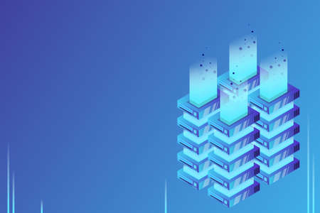Server room isometric vector, futuristic technology of data protection and processing, networking...
