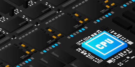 Artificial intelligence micro chip illustration. Quantum computing. PC mainboard illustration...