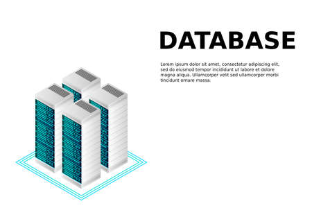 Server room isometric vector, futuristic technology of data protection and processing, networking and web hosting banner, input output data flowのイラスト素材