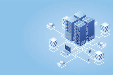 Concept of data network management .Vector isometric map with business networking servers computers...