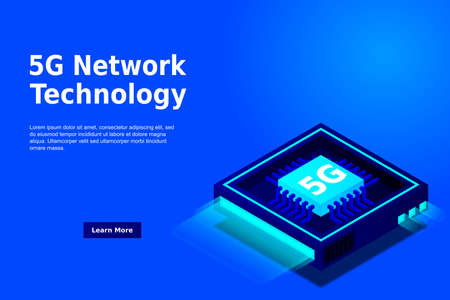 5G network processor illustration. Mobile wireless internet of next generation. Isometric futuristic micro chip. micro chip illustration. PC mainboard illustration background. 3D isometric hardware.のイラスト素材