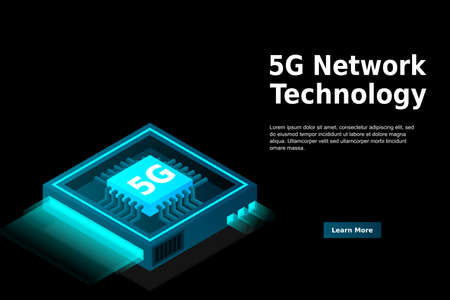 5G network processor illustration. Mobile wireless internet of next generation. Isometric futuristic micro chip. micro chip illustration. PC mainboard illustration background. 3D isometric hardware.のイラスト素材