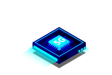 5G network processor illustration. Mobile wireless internet of next generation. Isometric futuristic micro chip. micro chip illustration. PC mainboard illustration background. 3D isometric hardware.のイラスト素材