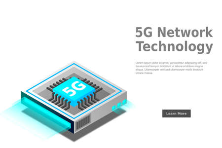 5G network processor illustration. Mobile wireless internet of next generation. Isometric futuristic micro chip. micro chip illustration. PC mainboard illustration background. 3D isometric hardware.のイラスト素材