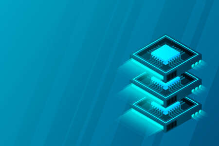 Quantum computer, large data processing, server room, artificial intelligence, data base concept, the microprocessor isometric vectorのイラスト素材