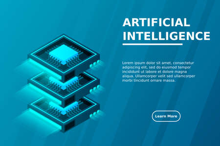 Quantum computer, large data processing, server room, artificial intelligence, data base concept, the microprocessor isometric vectorのイラスト素材