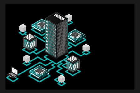 Concept of data network management .Vector isometric map with business networking servers computers and devices.Cloud storage data and synchronization of devices. 3d isometric styleのイラスト素材