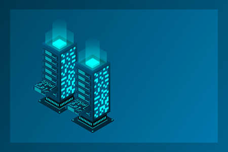 Datacenter isometric vector illustration. Abstract 3d hosting server or data center room background. Network or mainframe infrastructure website header layout. Computer storage or farming workstation.のイラスト素材