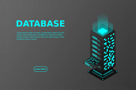 Datacenter isometric vector illustration. Abstract 3d hosting server or data center room background. Network or mainframe infrastructure website header layout. Computer storage or farming workstation.のイラスト素材