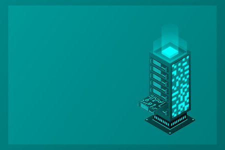 Datacenter isometric vector illustration. Abstract 3d hosting server or data center room background. Network or mainframe infrastructure website header layout. Computer storage or farming workstation.のイラスト素材
