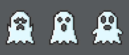Set of vector pixel art ghost. Pixel character ghosts. Pixel art ghosts set. Retro 8 bit pixel ghosts and spirits icons. Pixel art paranormal ghosts pack. Vector illustrationのイラスト素材
