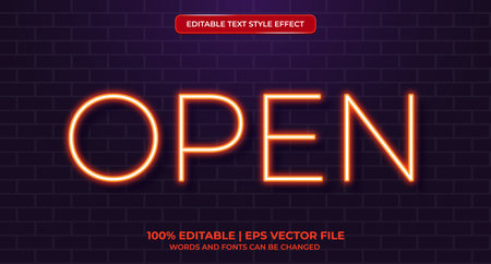 Open neon glowing text effect isolated on brick background. Editable text effectのイラスト素材